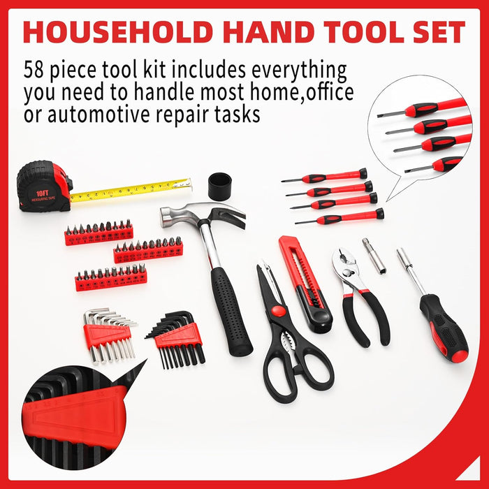 58-Piece Household Tool Set, Home Tool Kit with Storage Case, Red