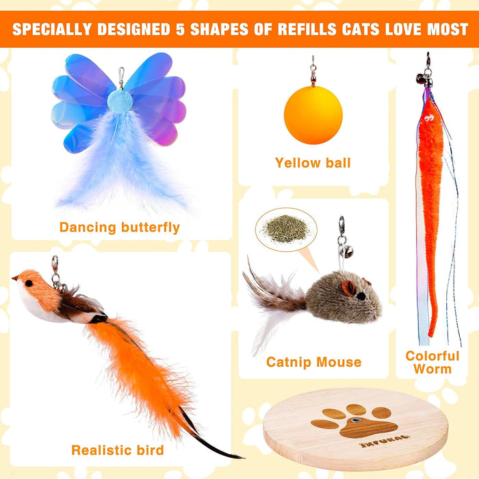 Interactive cat Toy, Automatic Cat Wand Toy with Stable Wooden Base, 2 PCS Detachable Cat Teaser, 5PCS Refills Replacement & Hanging Elastic String, Kitty Kitten Toys Feather Spring Bird Toy