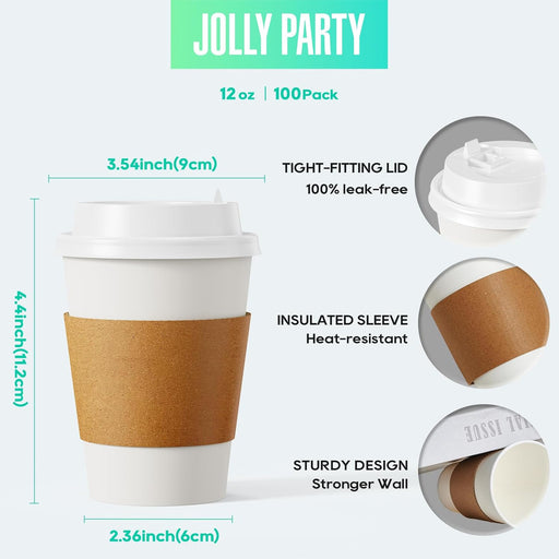 100 Pack 12 oz Disposable Paper Coffee Cups with Lids & Sleeves
