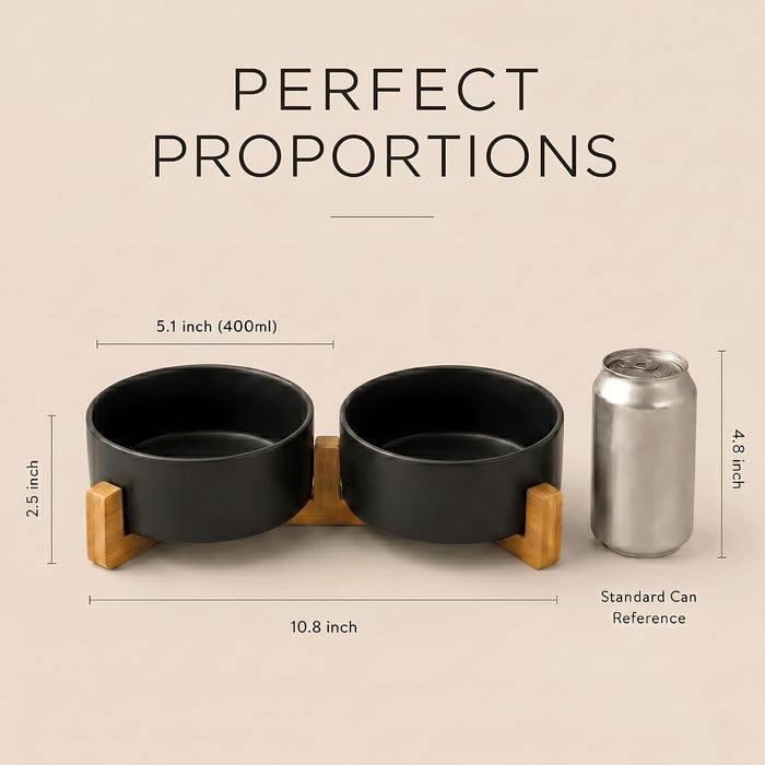 Ceramic Dog and Cat Bowl Set with Wooden Stand, Modern Cute Weighted Food Water Set for Small Size Dogs (13.5OZ) & Medium Sized Dogs (28.7OZ) & Cats (1.7 Cups, 2 × Black)