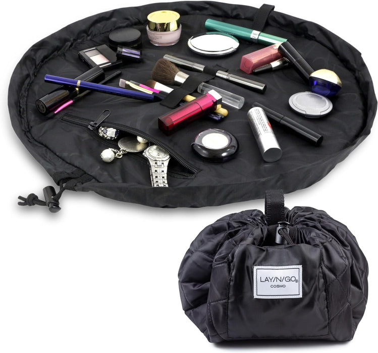 Cosmo Layflat Drawstring Cosmetic & Makeup Bag Organizer - Portable Drawstring Bag w/Zipper Pocket, Makeup Loops & More 
