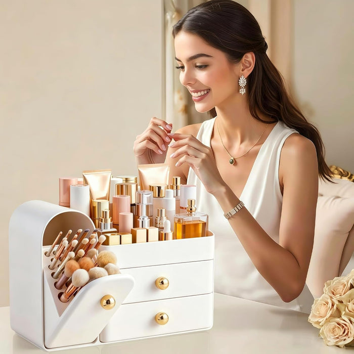Makeup Organizer Countertop with Drawers, Vanity Organizers with Brush Holder, Bathroom Counter Organizer for Perfume, Nail Polishes, Lipsticks, Skincare and Eyeshadow Palettes, White