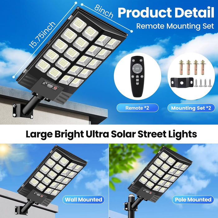 2 Pack Solar Street Lights Outdoor Waterproof, 100000LM Solar Powered Parking Lot Lights Large Street Light Dusk to Dawn