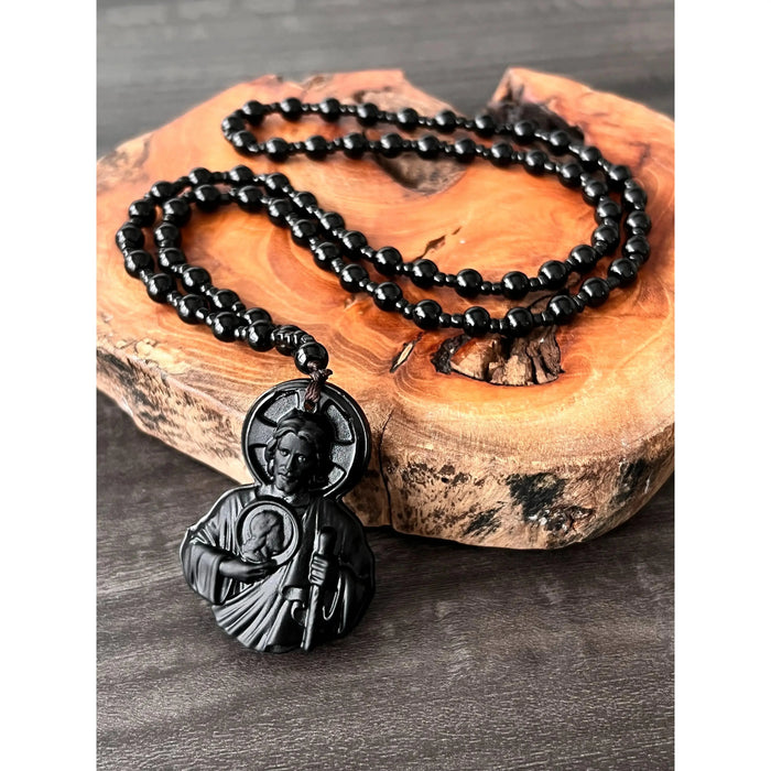 Natural Obsidian Jesus Sacred Heart Pendant Necklace, Catholic Faith Amulet, Bead Long Rosary Chain, Unisex Religious Jewelry