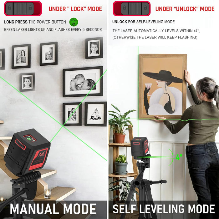 Self Leveling Laser Level 100ft, Green Cross Line with Tripod, 4 Brightness Modes & Pulse Function, Manual & Self-Leveli