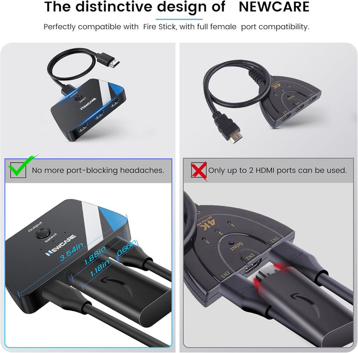 HDMI Switch 3 in 1 Out, 4K@60Hz HDMI Switcher with 2.6FT HDMI Cable