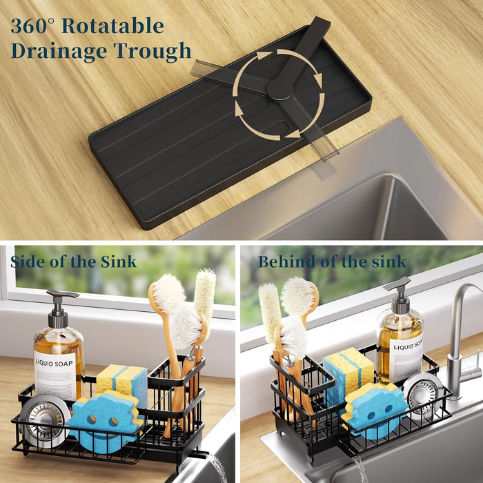 Sponge Holder for Kitchen Sink - Auto Draining Sink Caddy Organizer with Detachable Rack, High Brush Holder, Kitchen Cou