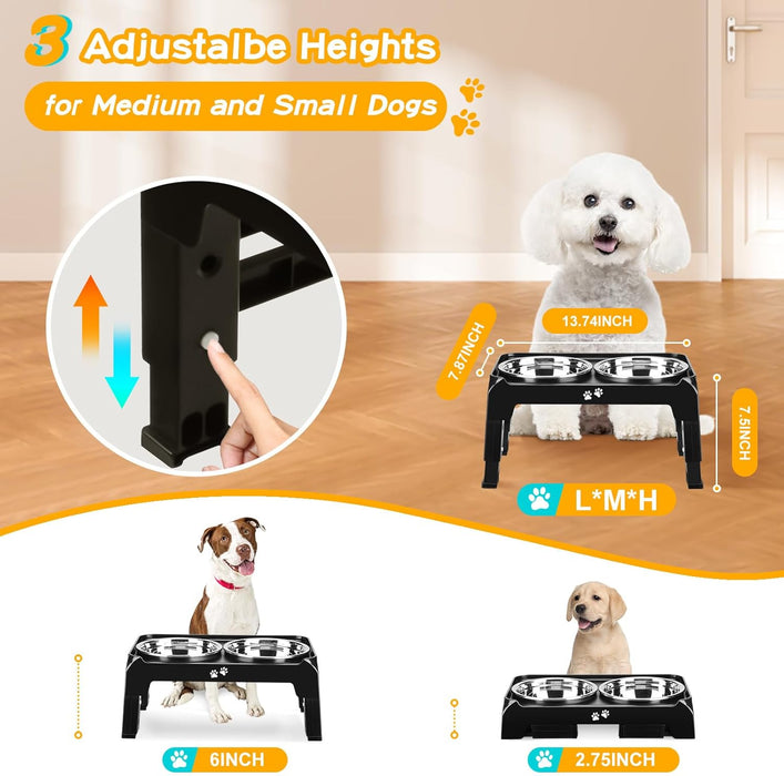 Elevated Dog Bowls for Small Medium Dogs, 3 Height Adjustable Raised Stand with 2 Thick 6" Stainless Steel Food Bowls, N