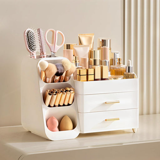 Makeup Organizer with Brush Holder for Vanity, Large Plastic Bathroom Countertop Organizer Skin Care Storage, Easy to St