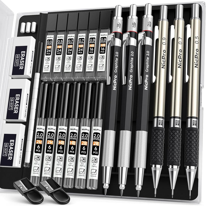 6PCS Art Mechanical Pencil Set, 0.5/0.7/0.9/2mm Point