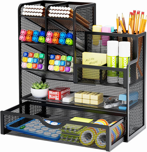 Mesh Pen Holder for Desk, Multi-Functional Pencil Organizer with Drawer, Desk Organizers and Accessories for Office Art 