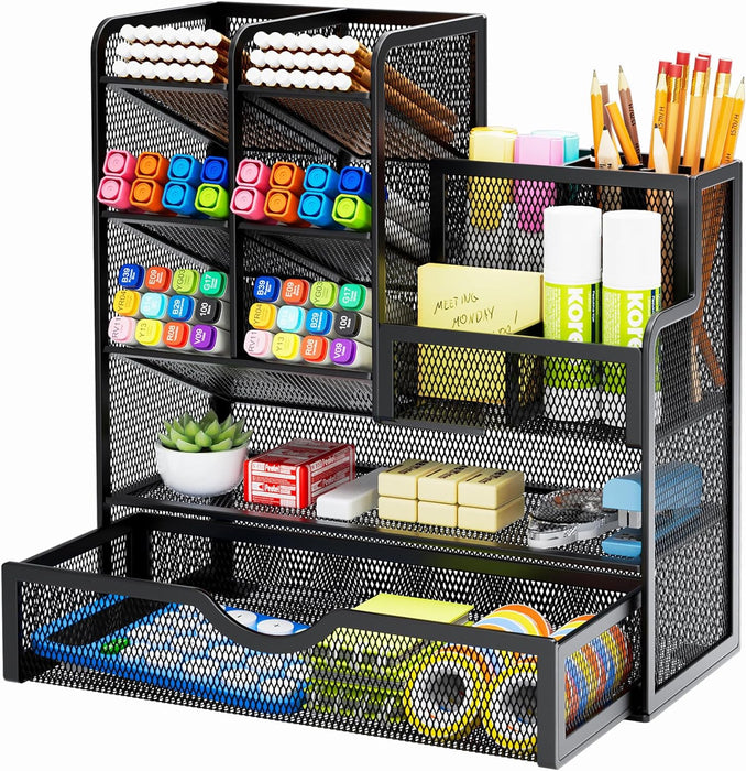 Mesh Pen Holder for Desk, Multi-Functional Pencil Organizer with Drawer, Desk Organizers and Accessories for Office Art 