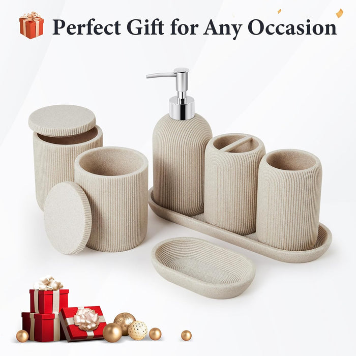 Bathroom Accessories Set - 7-Piece Resin Bathroom Set, Toothbrush Holders for Bathrooms, Soap Dispenser, Qtip Holder Dispenser, Tumbler, Soap Dish & Tray（Beige