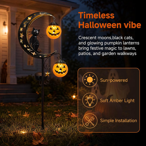 Solar Halloween Pumpkin Light, Black Cat Moon Garden Stake Light with 2 Pumpkin Lanterns, Waterproof Metal Solar Pathway