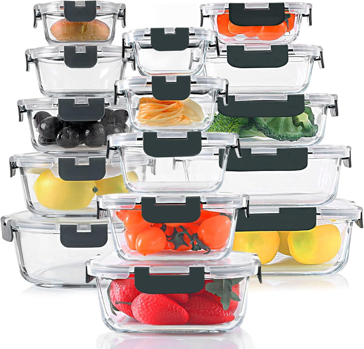 30 Pieces Glass Food Storage Containers Set with Lids, Gray