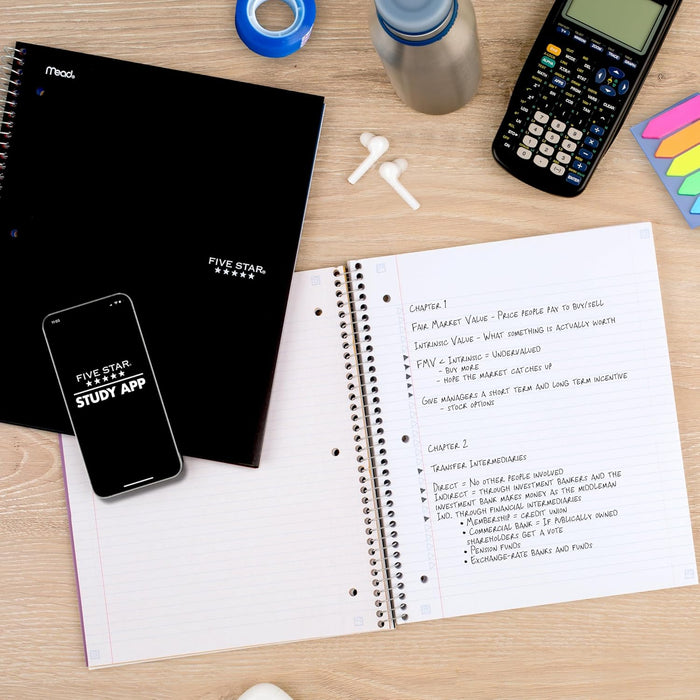 Spiral Notebook + Study App, 5 Subject, College Ruled Paper, 8-1/2" x 11", 200 Sheets, Fights Ink Bleed, Water Resistant Cover, Black (72081)