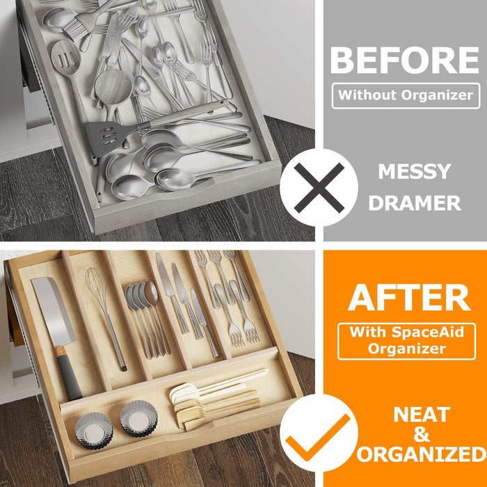 Six-Compartment Natural Wood Drawer Organizer