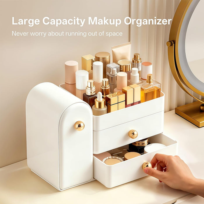 Makeup Organizer Countertop with Drawers, Vanity Organizers with Brush Holder, Bathroom Counter Organizer for Perfume, Nail Polishes, Lipsticks, Skincare and Eyeshadow Palettes, White
