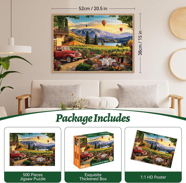 500 Piece Jigsaw Puzzle for Adults – Scenic Vineyard with Hot Air Balloons & Red Truck – Relaxing and Beautiful Puzzle f
