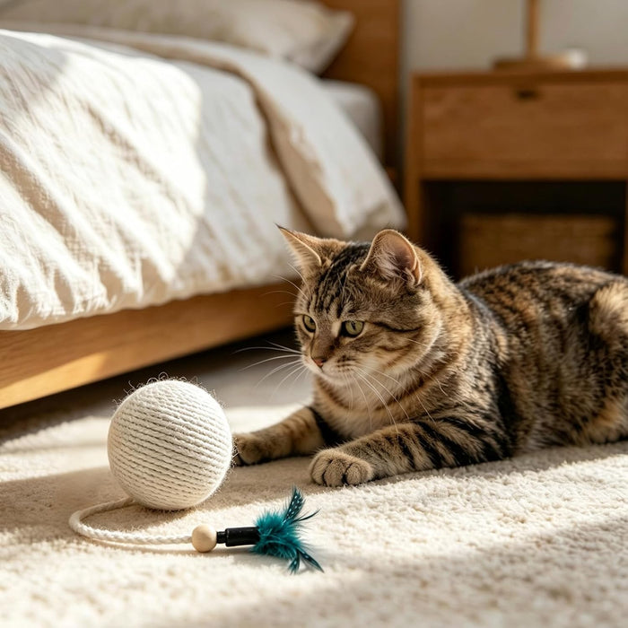 4 in Sisal Cat Ball with Feather, Interactive Hunting Chew Toy for Kittens