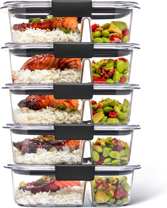 Brilliance Meal Prep Containers, 2-Compartment Food Storage Containers, 2.85 Cup, 5-Pack, BPA-Free, Clear/Grey