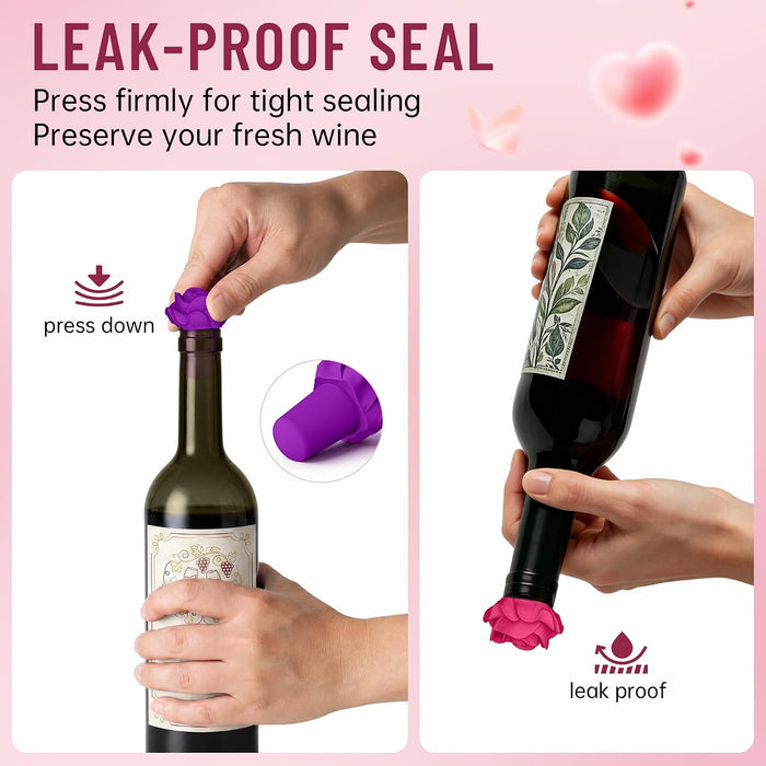 2‑Pack Silicone Wine Stoppers, Rose Shaped Bottle Stoppers
