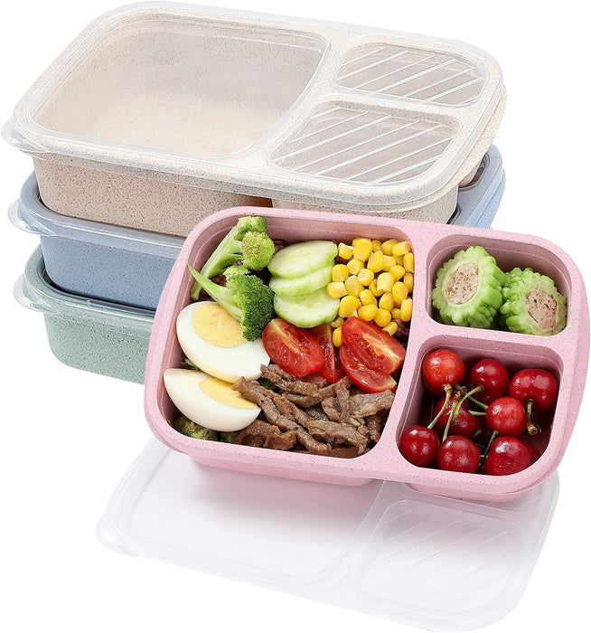4 Pack Bento Lunch Box Set 3 Compartment Food Storage Containers Wheat Straw Meal Prep Lunch Box Plastic Food Storage Co