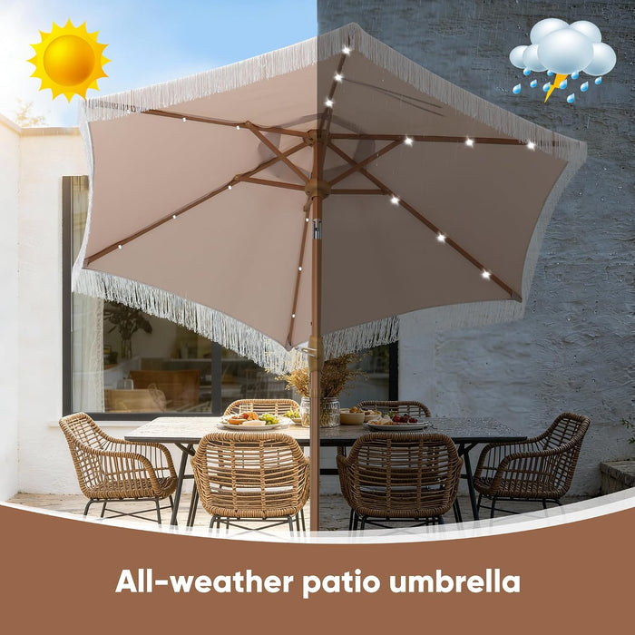 7.5FT Fringe Patio Outdoor Umbrella with LED Solar Lights