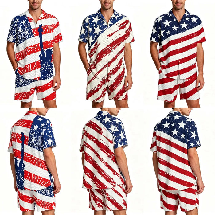 Men'S Fashion 2-Piece Matching Shortsleeve Collared Neck Tropical Set - Casual Stylish Flag Pattern Shirt & Bottoms, Loose Fit, plus Size Hawaiian Patriotic Streetwear for 4Th of July