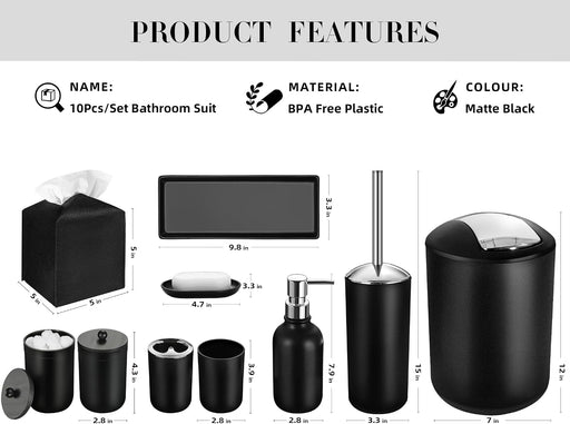 Black Bathroom Accessories Set, 10Pcs Bathroom Accessory Set with Trash Can, Soap Dispenser and Toothbrush Holder, Soap 