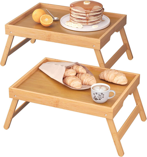 2 Pack Bamboo Bed Tray Table with Folding Legs,Breakfast Trays,Serving Tray for Food and Snack,Laptop Trays for Working(