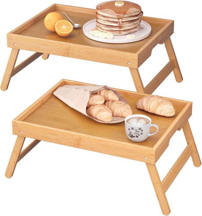2 Pack Bamboo Bed Tray Table with Folding Legs,Breakfast Trays,Serving Tray for Food and Snack,Laptop Trays for Working(