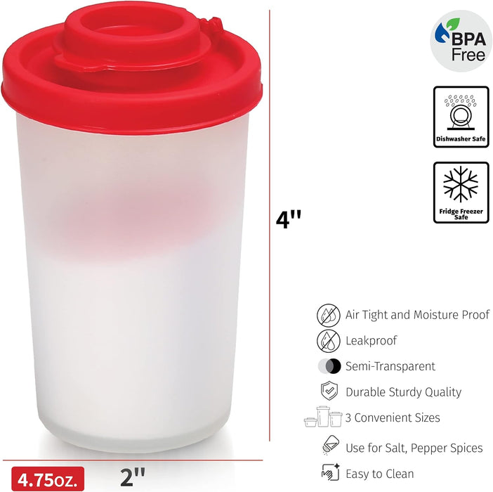 SIGNORAWARE Salt and Pepper Shakers Moisture Proof Set of 2 Large Salt Shaker to go Camping Picnic Outdoors Kitchen Lunch Boxes Travel Spice Set Clear with Red Covers Lids Plastic Airtight Dispenser