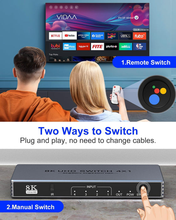 Hdmi Switcher 4 in 1 Out - New 8K@60Hz 4K@240Hz/144Hz/120Hz HDMI Splitter with Remote Support 3D/HDR/HDCP2.3, for PS5/4 