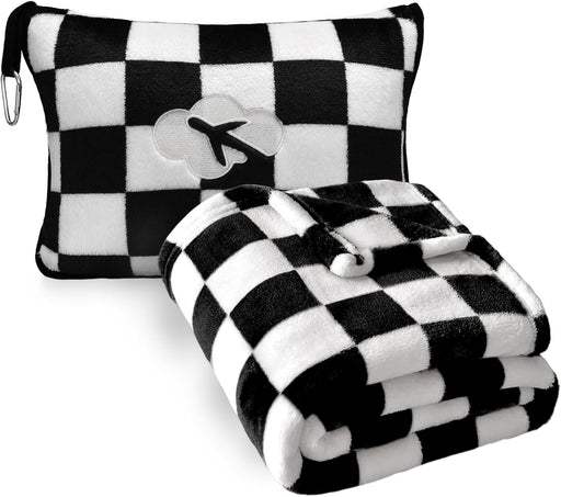 Travel Blanket and Pillow Compact, Premium Soft 2 in 1 Airplane Blanket with Soft Bag Pillowcase，Hand Luggage Sleeve and