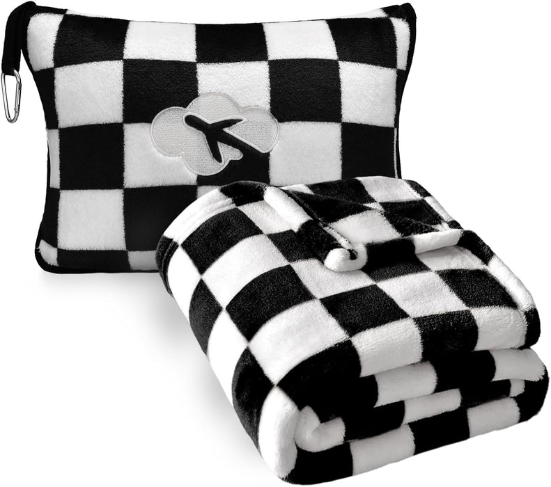 Travel Blanket and Pillow Compact, Premium Soft 2 in 1 Airplane Blanket with Soft Bag Pillowcase，Hand Luggage Sleeve and