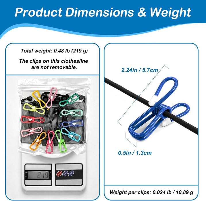 Retractable Portable Travel Clothesline Camping Clothing Line with 12 Clips