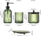 4PCs Heavy Weight Decent Glass Bathroom Accessories Set with Decorative Pressed Pattern - Includes Hand Soap Dispenser & Tumbler & Soap Dish & Toothbrush Holder (Green)
