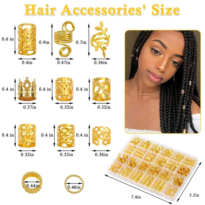 220 Pcs Gold Hair Jewelry for Braids, Loc Jewelry for Hair Dreadlock, Loc Charms for Women, Metal Gold Braid Rings Cuffs