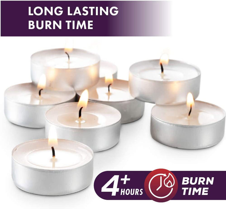 Unscented Tea Light Candles 100 Pack | 4 hours, White, Smokeless, Dripless Small Votive Paraffin Tealights | Long-Lasting for Home, Shabbat, Weddings, Events, Emergencies | Mini Candles Bulk