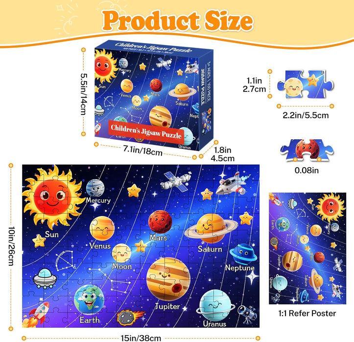 4 Packs 100 Piece Puzzles for Kids Ages 4-6 6-8 8-10, USA World Map Kids Puzzles Ages 3-5 4-6 5-8, Solar System Mars Adventure 100 Piece Puzzle for Adults Seniors, Educational Jigsaw Puzzles 15"x10"