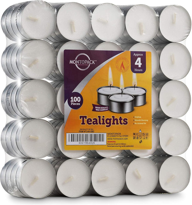 Unscented Tea Light Candles 100 Pack | 4 hours, White, Smokeless, Dripless Small Votive Paraffin Tealights | Long-Lasting for Home, Shabbat, Weddings, Events, Emergencies | Mini Candles Bulk