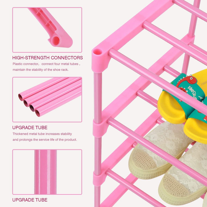 4-Tier Free Standing Pink Shoe Racks, Lightweight Stackable Shelf