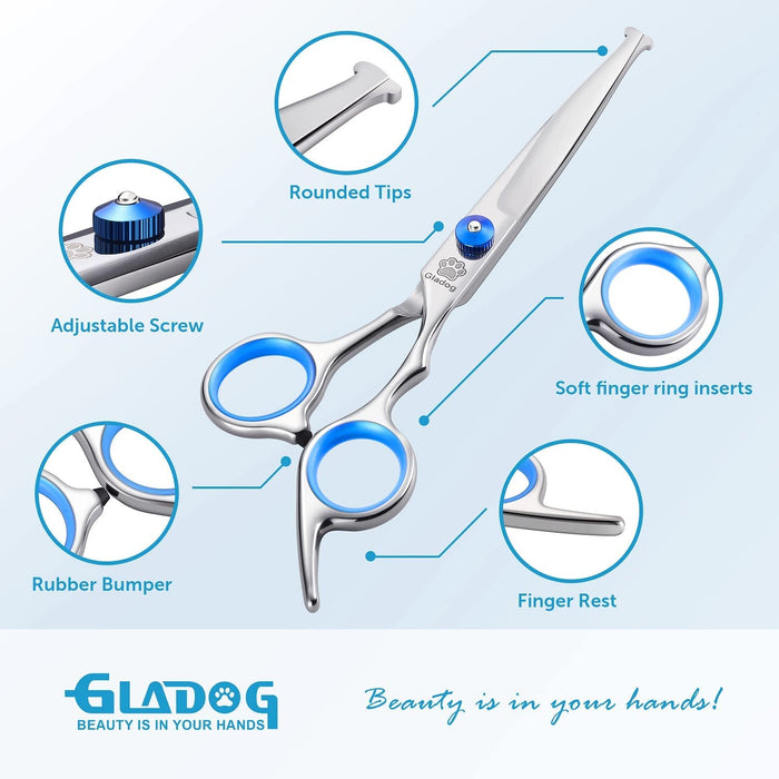 Professional 5 in 1 Dog Grooming Scissors Set with Safety Round Tips, Sharp and Heavy-duty Pet Grooming Shears for Cats