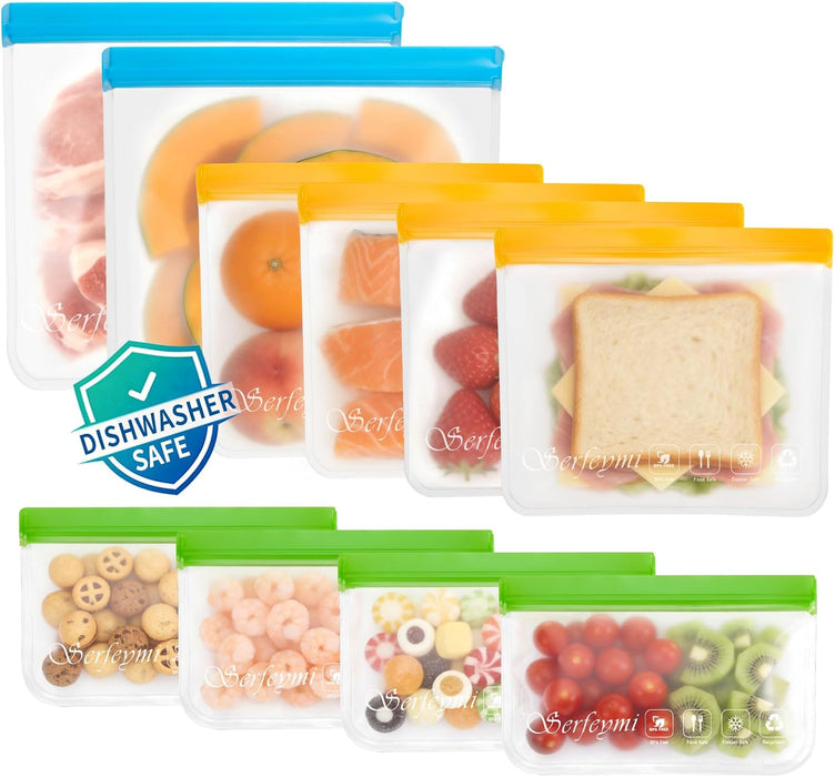 10 Pack Reusable Gallon Freezer Bags Dishwasher Safe, Extra Thick Reusable Plastic Bags BPA Free, Leak Proof Food Storage Bags with 3 Sizes for Meat, Travel - 2 Gallon 4 Sandwich 4 Snack