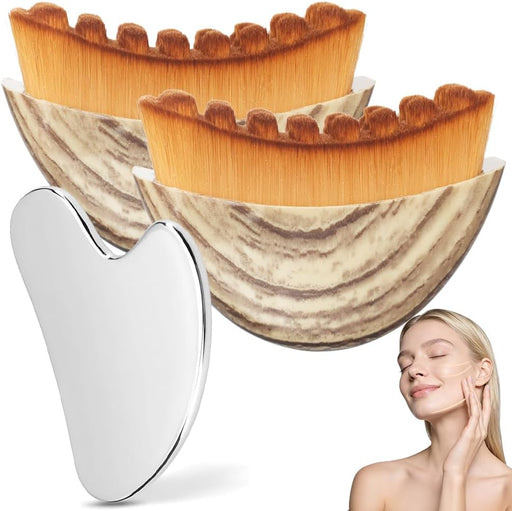 2PCS Lymphatic Contour Face Brush & Stainless Steel Gua Sha Tool Set, for Face and Neck Massage gua sha, Jawline Puffine