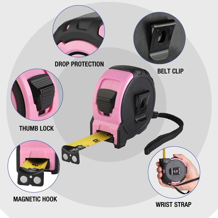25FT Pink Tape Measure, 1/8 Fractions Easy Read Measuring Tape