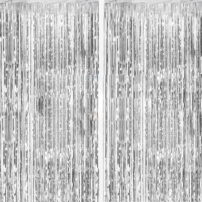 2 Pack Silver Foil Curtain Party Streamers Metallic Tinsel Foil Fringe Photo Booth Backdrop for Birthday Wedding Engagement Baby Shower Bachelorette Christmas Holiday Celebration Party Decorations