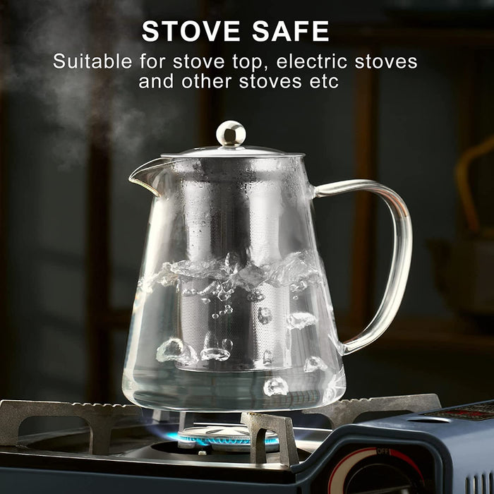Glass Teapot Stovetop 18.6 OZ, Borosilicate Clear Tea Kettle with Removable 18/8 Stainless Steel Infuser, Teapot Bloomin