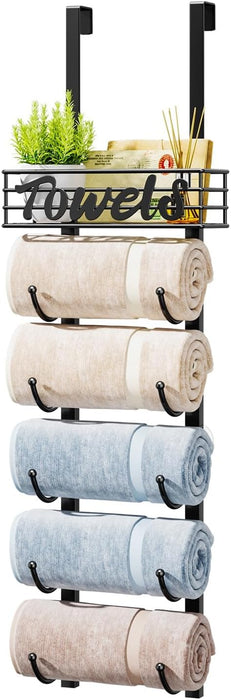 Towel Racks for Bathroom Storage - 6 Tier Over The Door & Wall Mount Rolled Towel Storage Organizer Holder with Metal Shelf Basket for Small Bathroom, Camper, Rv - Black, Patented